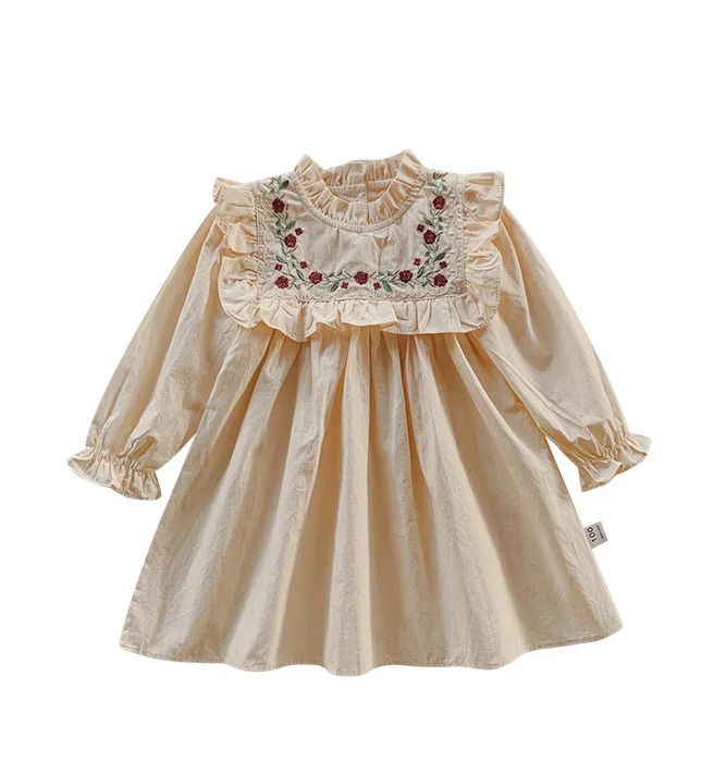 Baby Girls French Dress Infant Clothing Autumn Children Embroidery Stand Collar Bubble Ruffle Long Sleeve Kids Spring Style