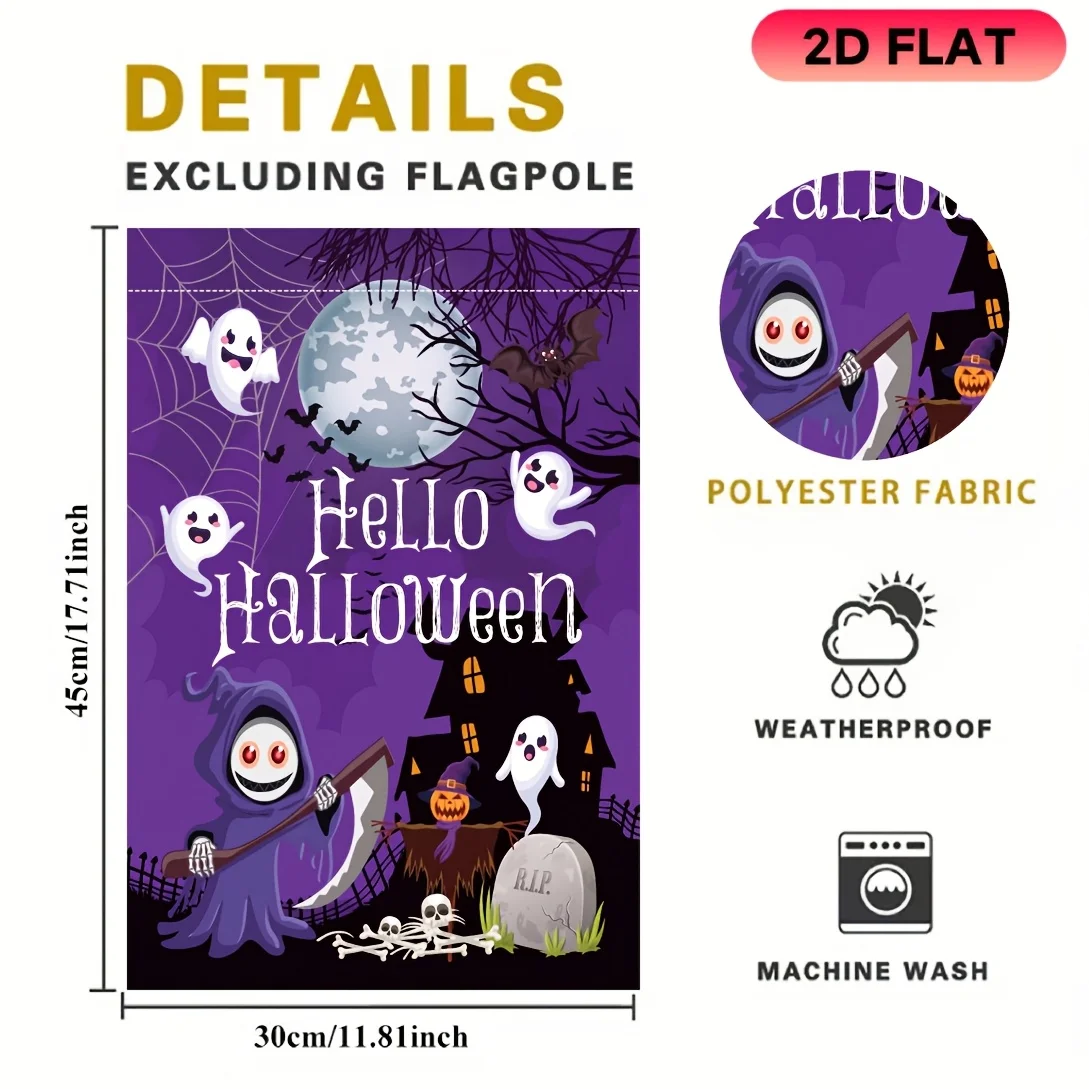 2D Flat Garden Flag 1 Piece, Zimeng Death God Halloween Garden Flag, Halloween Celebration Flag, Durable Polyester Material, Very Suitable for Garden, Lawn, Courtyard, Home, Outdoor, Beach Decoration Flags, Halloween Celebration Decoration Flags