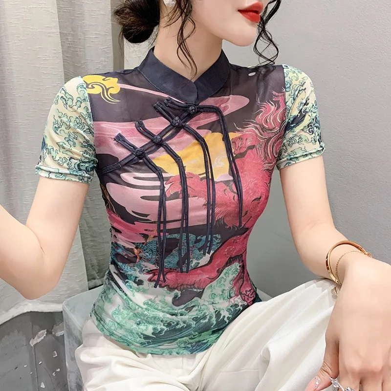 Retro Nappa Pulsante Slim Fit Me Base irt Donna 2023 Nuova Stampa Versatile T-shirt Top Summer Street Sle Poliestere