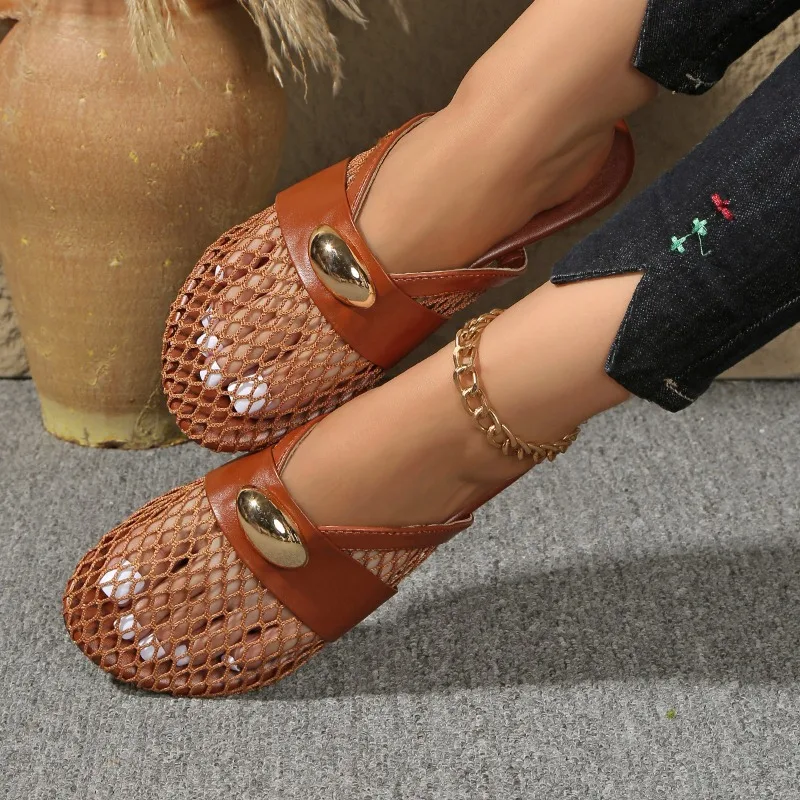 

Women Slippers Mesh Breathable Baotou Slippers Women Summer Round Head Metal Buckle Shoes Soft Bottom Flat Sandals Slides Women