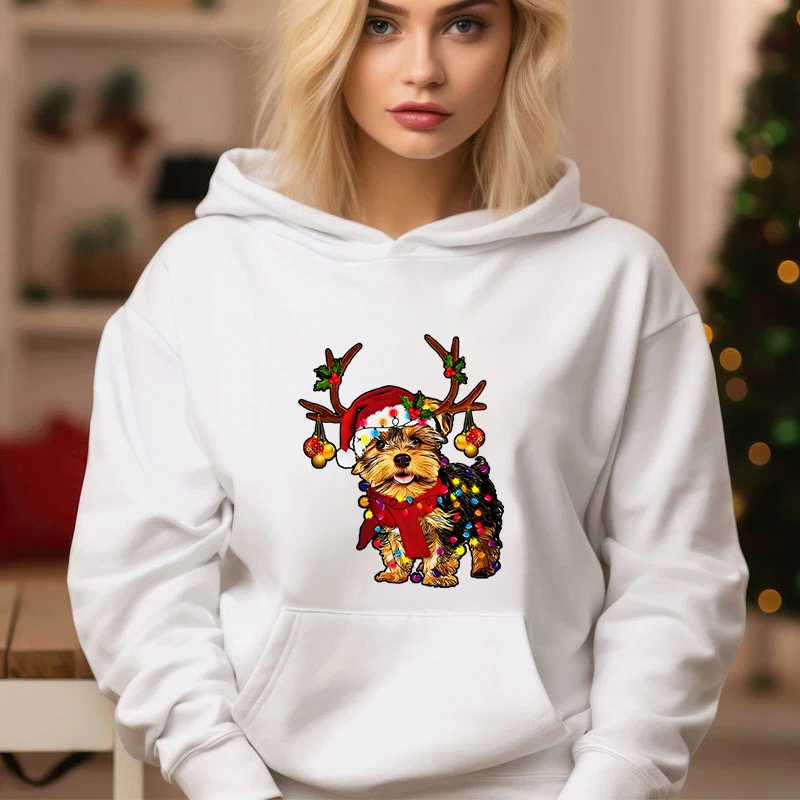 Noël renne Yorkshire chien imprimé Woomen sweats à capuche décontracté mode tendance sweat à capuche polaire à manches longues à capuche sweats de noël