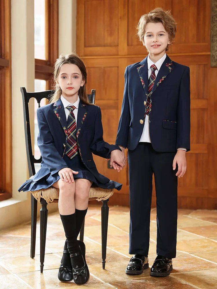 Kids British School Uniform Set Girls Korean Preppy Jacket & Pleated Skirts Boys Blazer & Pants Suits Student Clothes