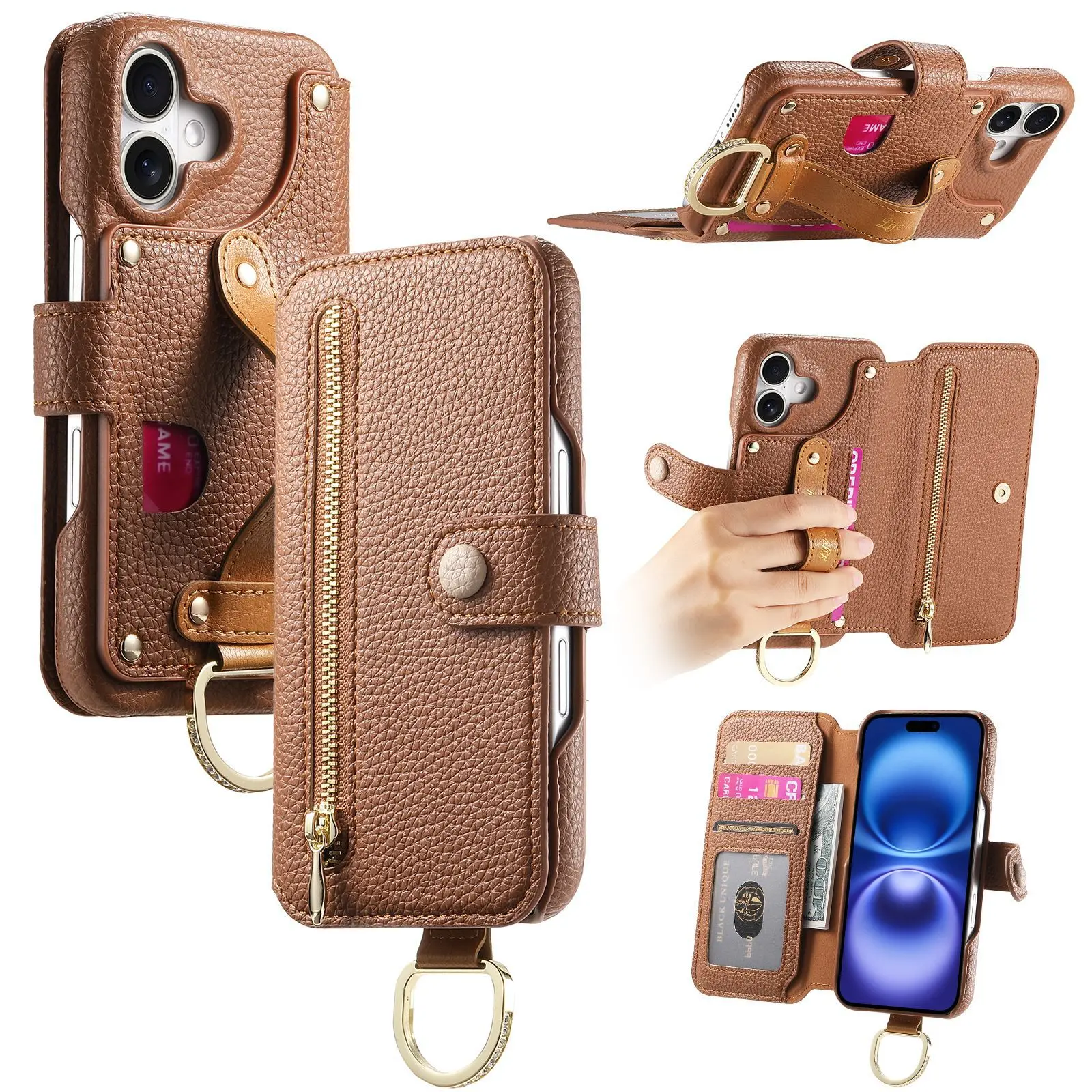 

Wallet Flip Case for iPhone 17 Air 16 15 Pro Max 14 Plus 13 12 11 16Pro 17Pro Leather Strap Card Slots Zipper Cover LSW-02