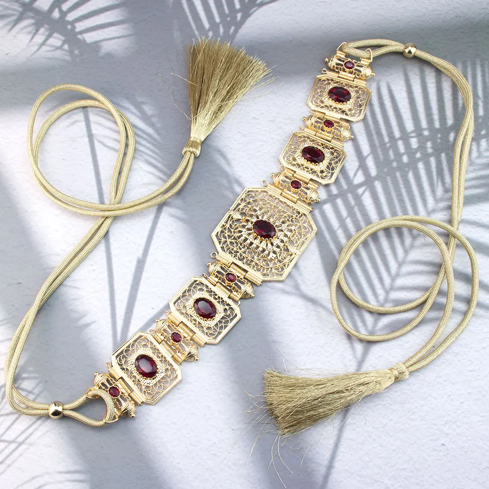Elegant Ethnic Bridal Robe Belt Tassel Waist Rope Hollowed Arabic Patterncolorful Rhinestones Middle Eastern Wedding Decoration image 5