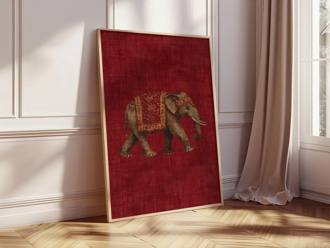 Indian Elephant Pattern Print, Red Textile Wall Art, Boho Tribal Decor, Oriental Animal Poster, Cultural Interior Design