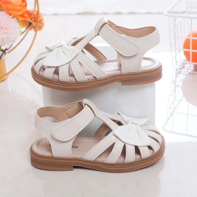 Cute Girls Sandals Bow Peep-toe 2023 New Soft Hook & Loop Beige Kids Princess Shoes Casual Shoes PU Cute Children Shoes Non-slip