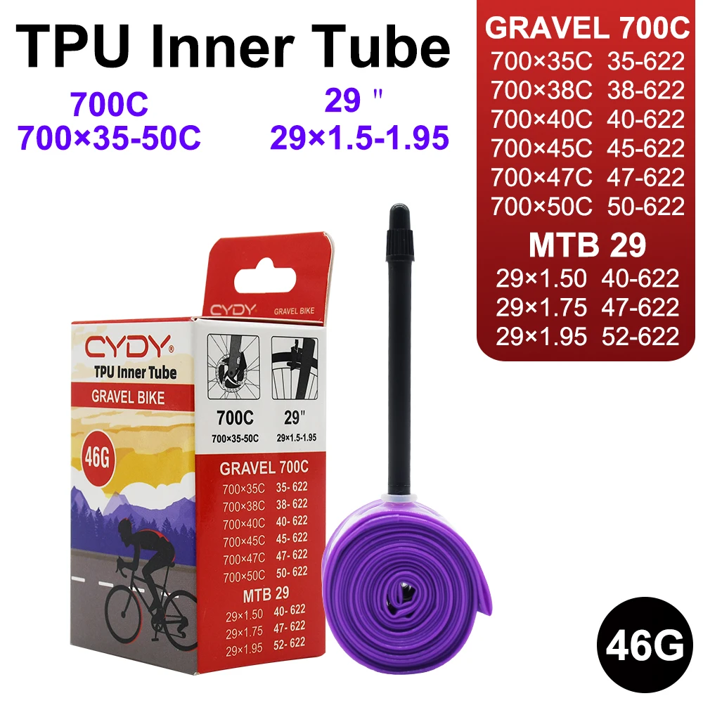 CYDY-Chambre à air Chancelier pour VTT, Accessoires de vélo, Gravel, 700 × 35, 38, 40, 45, 47, 50C, 29 × 1.5, 1.75, 1.95, 29, 46g, FV