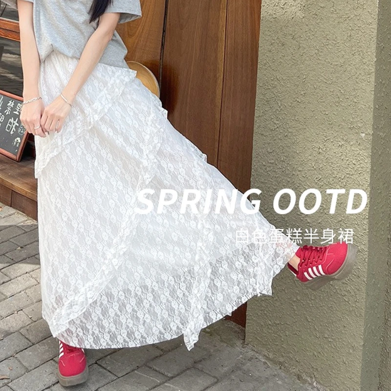Long Skirts Women Cake Skirt A Line Lace Irregular Elastic Waist Streetwear Elegant Splice Y2k Work Elegant Simple Summer 2025