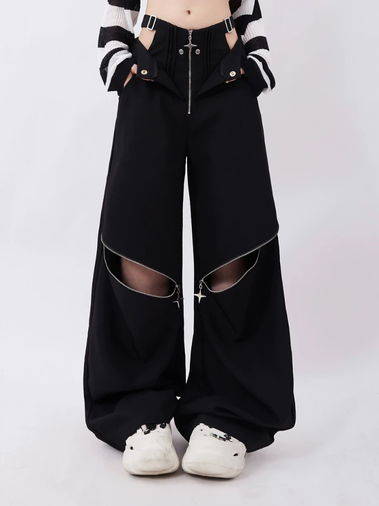 ADAgirl Black Cargo Sweatpants Women Y2k Fashion Baggy Zipper Hollow Out High Waist Wide Leg Sport Pants Hip Hop Causal Trousers