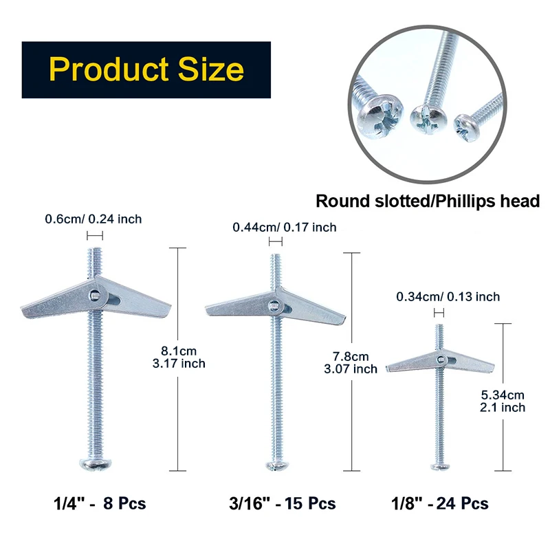 47 pcs, Toggle Bolts, Wall Anchor, 1/4, 3/16, 1/8