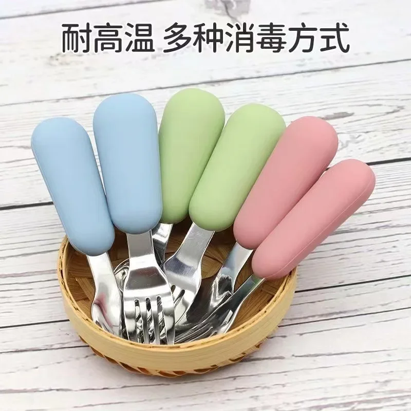 Children's Fork Spoon Set Baby Short Handle Stainless Steel Silicone Fork Spoon Baby Solid Color Handle Baby Eating Utensils