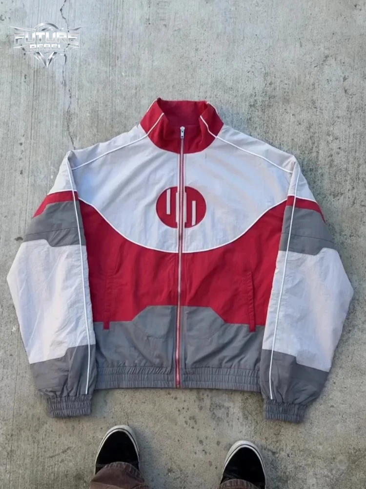 

Mens Jacket Harajuku Y2K Red White Spliced Bomber Racing Jacket Pants Oversized Zip Windproof Casual Sports Unisex Streetwear