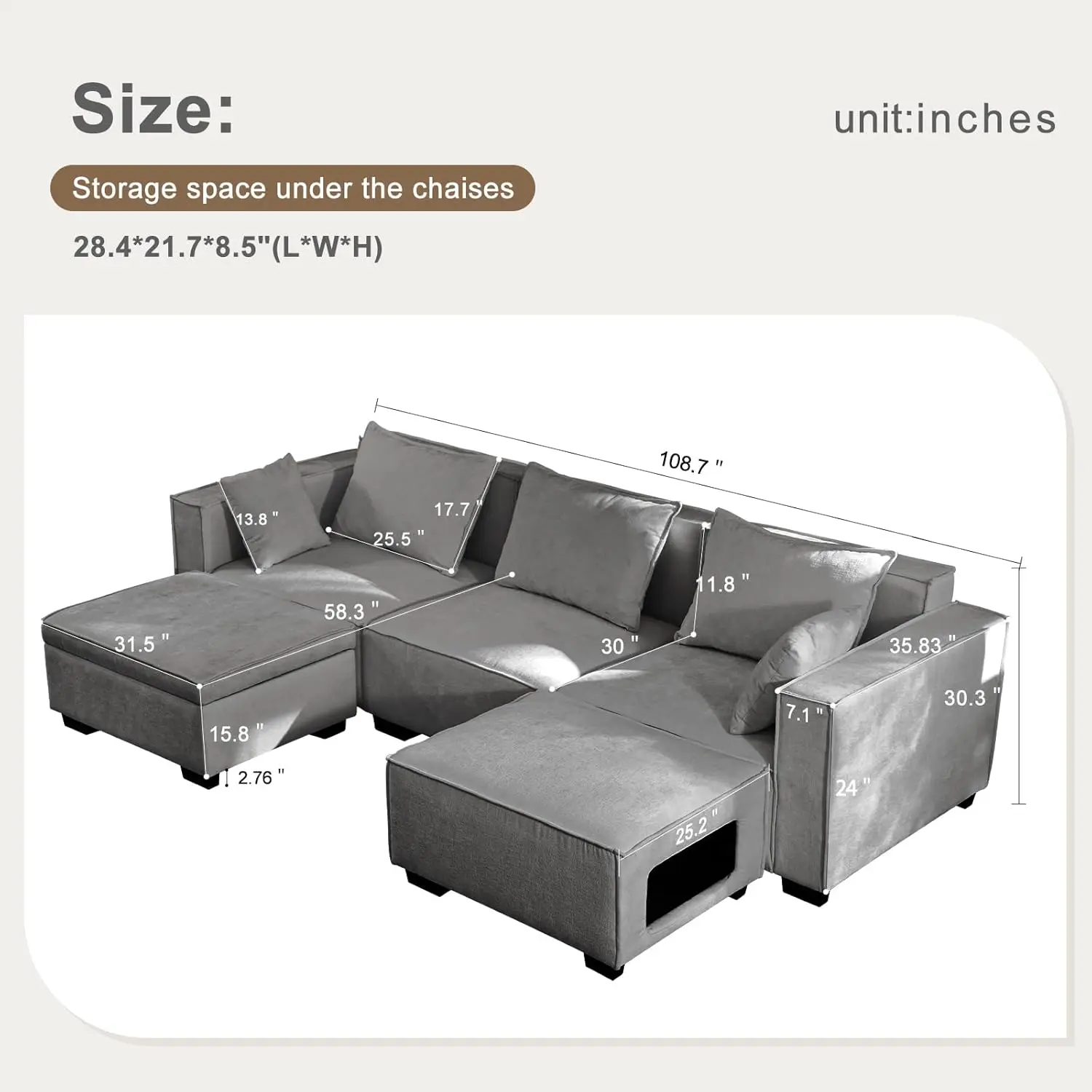 Modular Sectional Sofa Set, U Shaped L Shaped Couch with Storage & Cathole Ottoman, 5 Seat Sofas Couches with Reversible Chaise