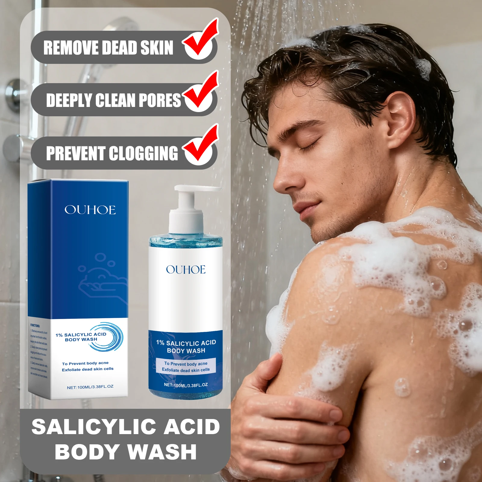 OUHOE 100 مل جل الاستحمام بحمض الساليسيليك لتنظيف المسام بعمق ويزيل خلايا الجلد الميت يجعل البشرة أكثر سلاسة وناعمة والانسداد