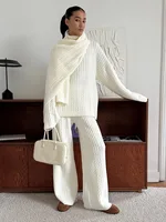Bornladies  Autumn Winter Fashion Women's New Cable Knit Sweater Wide Leg Pants Set Soft Wool Blend Loose Fit High Neck Pullover - Image 4