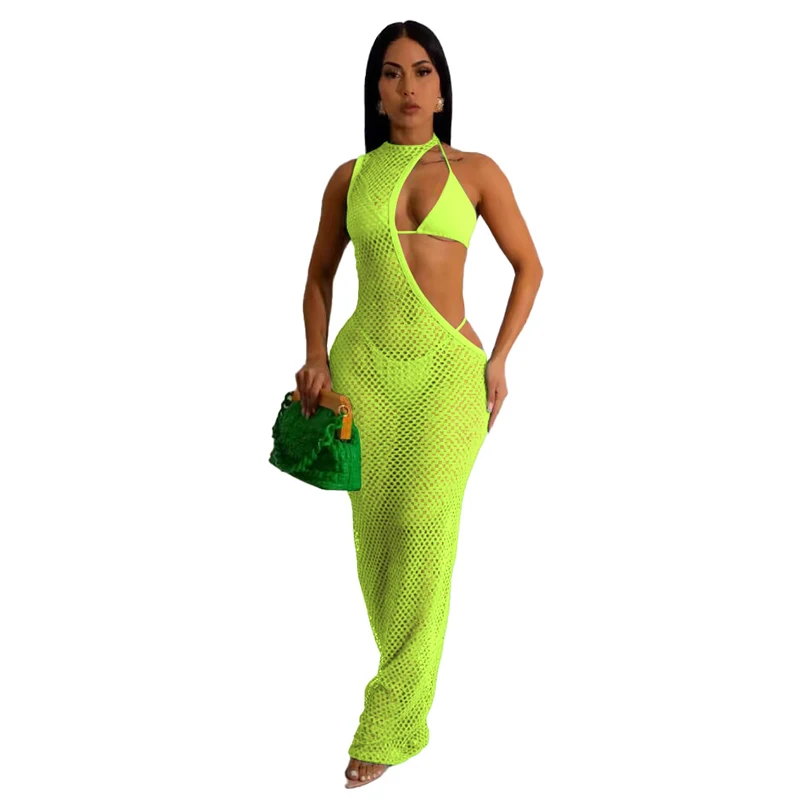 New Women\'s Classic Clothes Sexy 3 Piece Set Sexy Fishing Net Halter One Shoulder Dress and Bikini Set Beach Dress