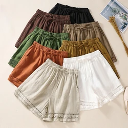 TEELYNN Loose Elastic Waist Boho Beach Wear Shorts For Women Bottom Casual Solid Linen Cotton Lace Floral Summer Short Pants 3XL