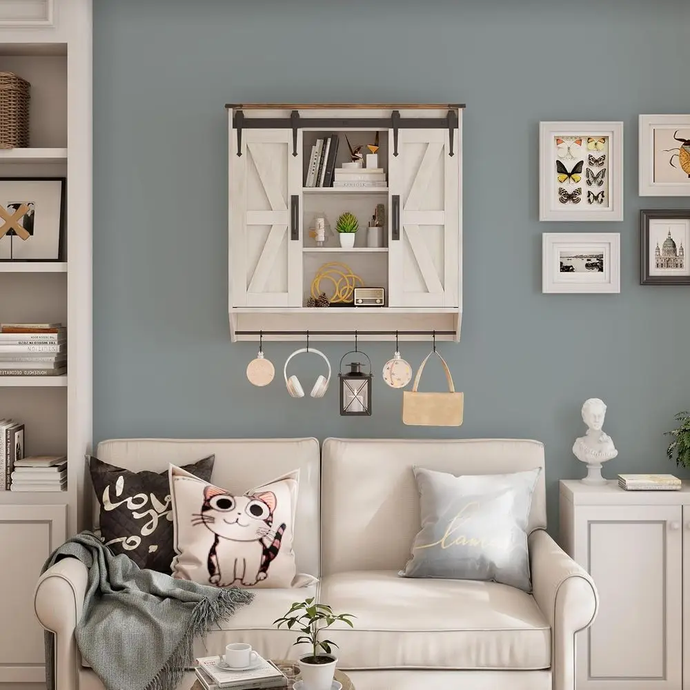 Farmhouse Medicine Cinet 2 Sliding Barn Doors 3 Tier Rustic Wood Wall Storage Cinet Adjus Shelf Towel Bar Wall Mounted
