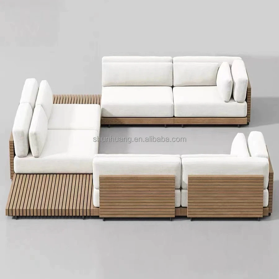 All-weather Outdoor Furniture Hotel Patio Wooden Sofa Set  L Shape Pool Side Furniture Set Waterproof Combination Sofa