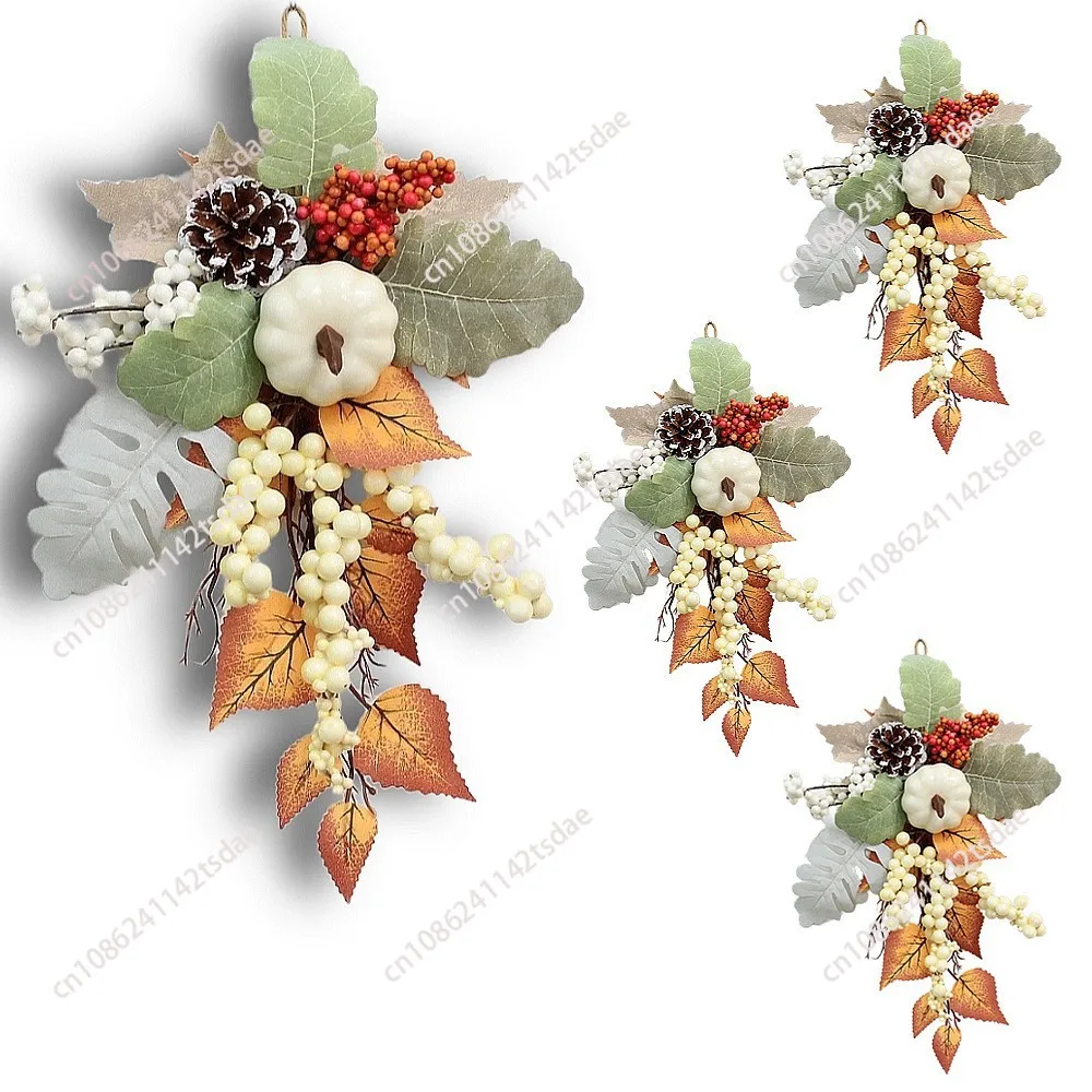 2pcs Harvest Festival Farmhouse Decoration Thanksgiving Maple Leaf Berry White Pumpkin Wreath Ornament Wind Light Pendant