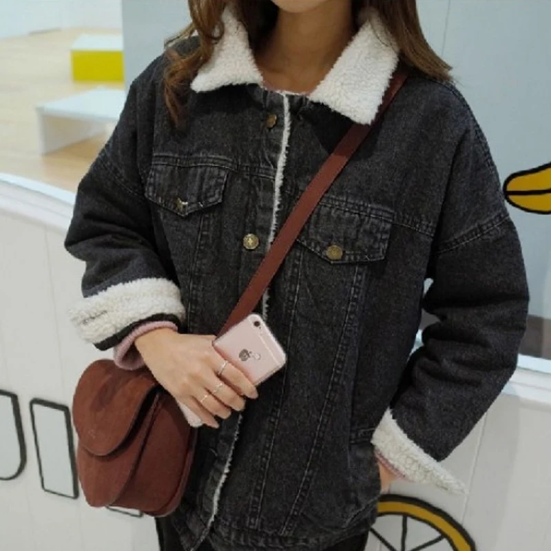 Herfst Winter Vrouwelijke Denim Basic Jassen 2025, Lamswol Vrouwen Warme Jeans Jas Lange Mouwen Jeans Jas Uitloper Brede Denim Jas