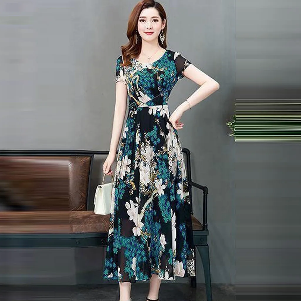 

2024 Boho Dress Women O-Neck Short Sleeve Long Dress Flower Printed Slim A-Line Dress Ruffles Female Casual Holiday Dress