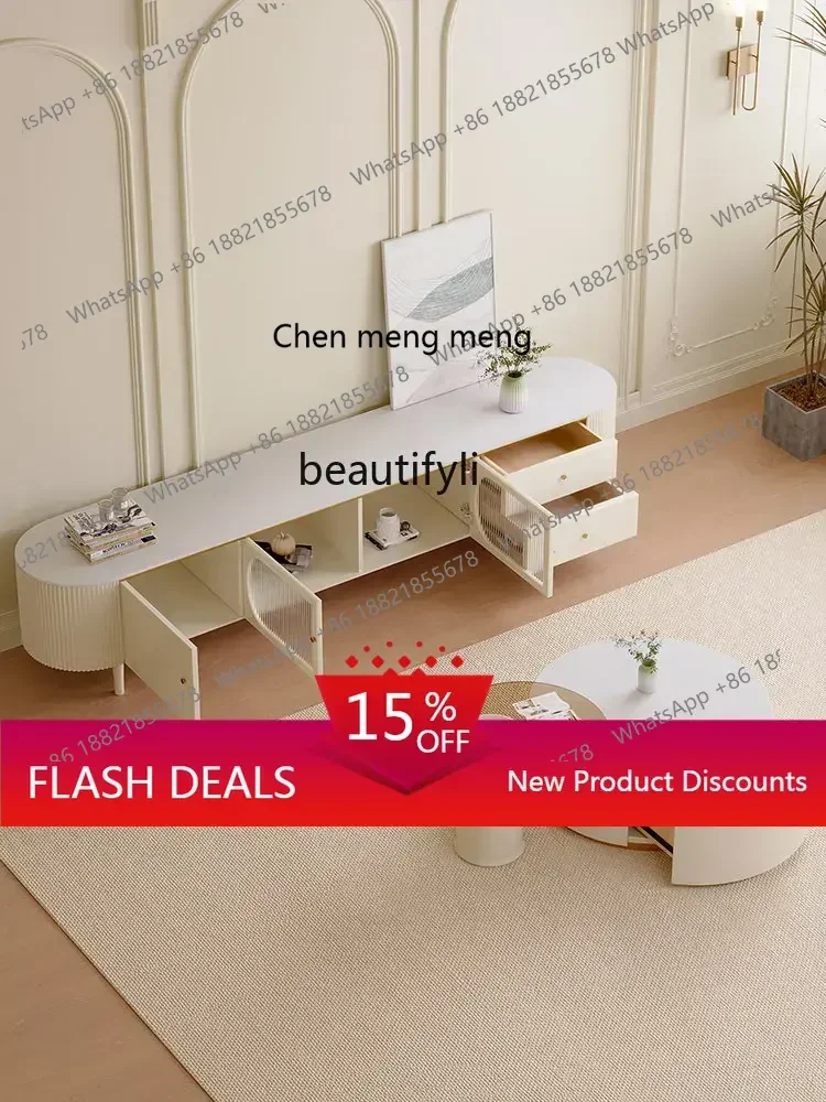

Cream Style Stone Plate TV Cabinet Light French Living Room Floor Cabinet Small Apartment Coffee Table TV Cabinet Combination