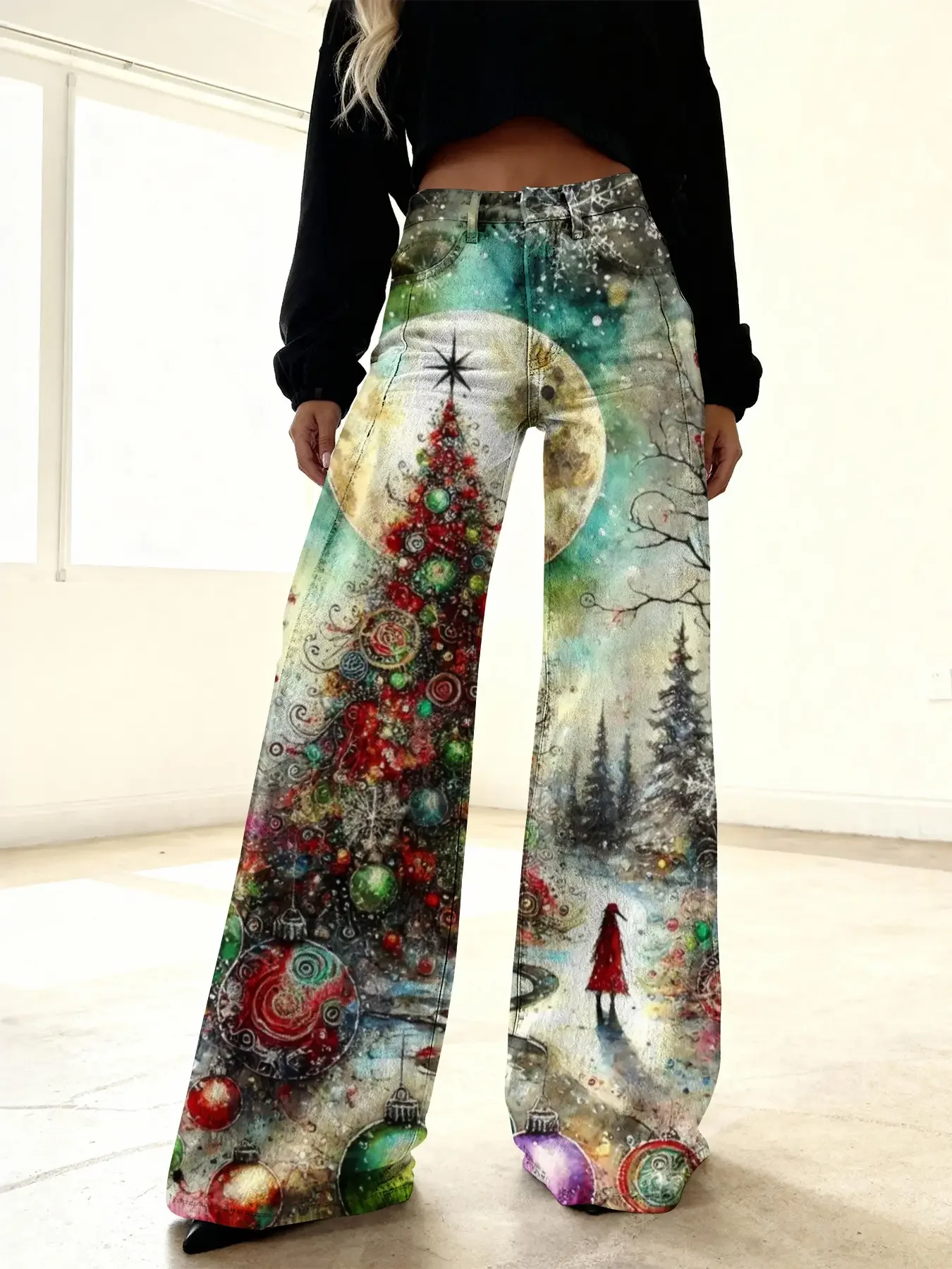 Ladies' imitation denim pants lollipop house snowflake bow pattern autumn/winter 3D pattern