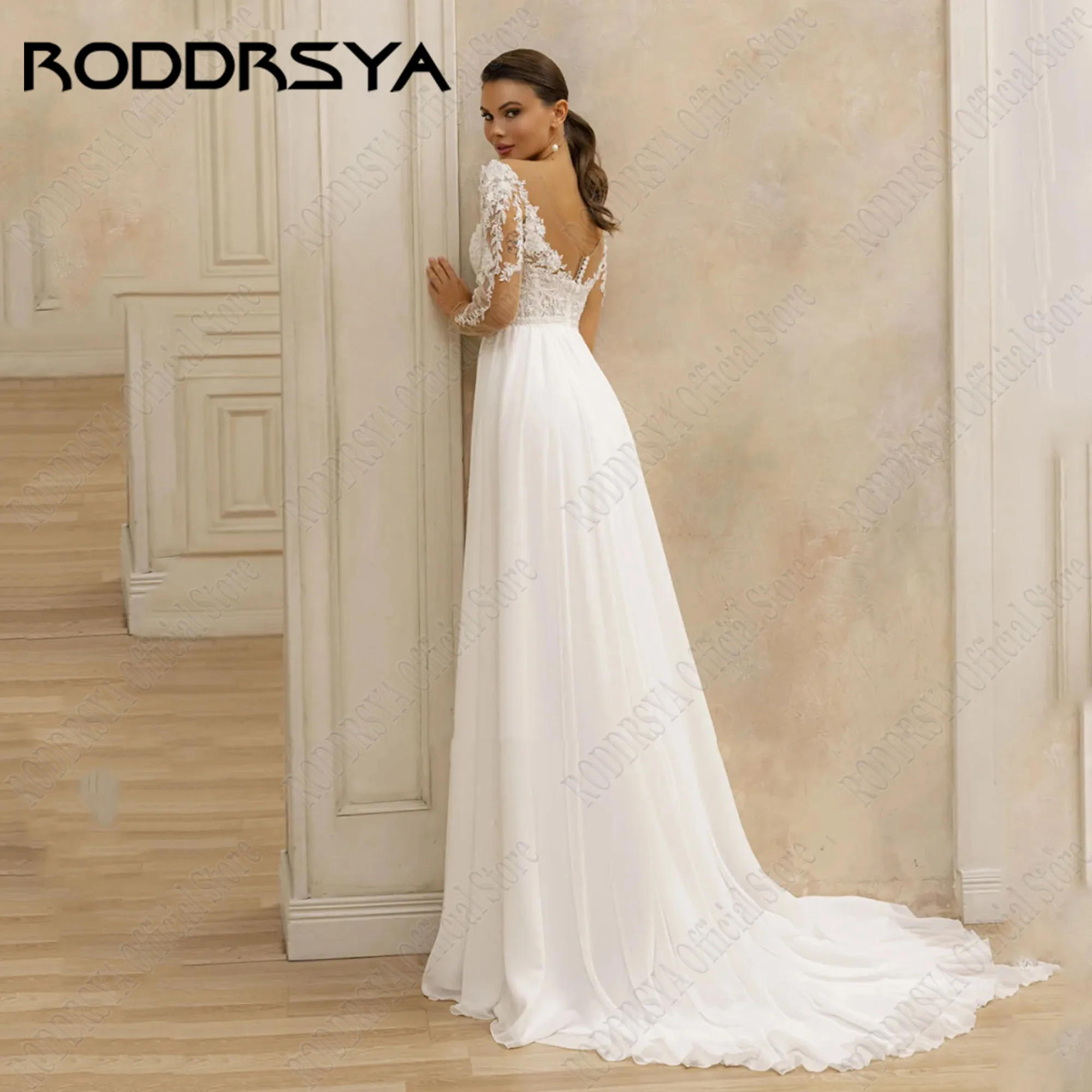 RODDRSYA Wedding Dresses Long Sleeves Chiffon O-Neck Bride Gowns For Woman 2024 Beading A-Line Side Split Backless Plus Size