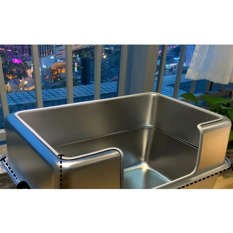 60cm Extra Large Stainless Steel Cat Litter Box With Raised Fence, Semi Open Cat Toilet Anti Splash Anti Leak