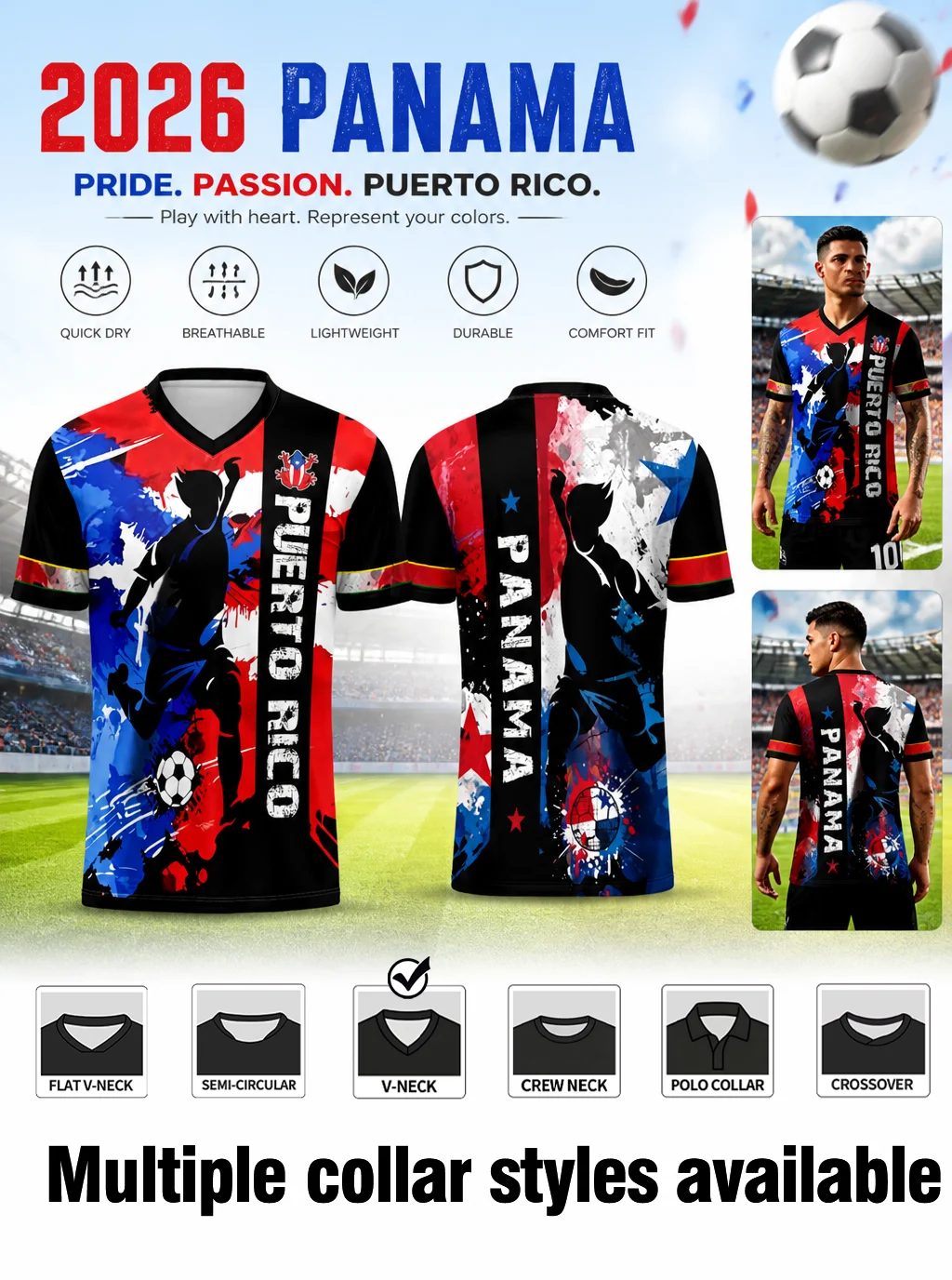 2026 Panama soccer jersey with splatter‑color football‑player print, quick‑dry breathable fabric, six alternative collar styles