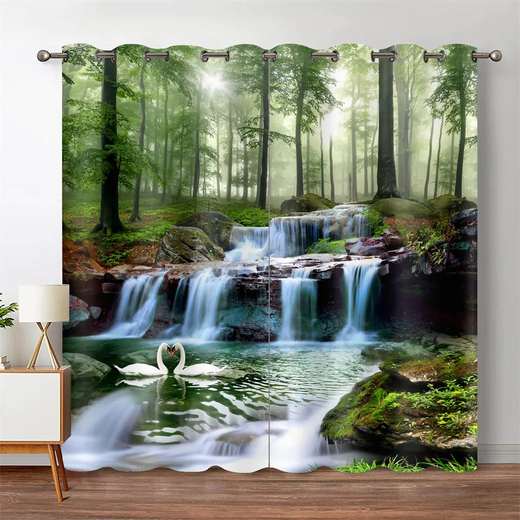 Forest natural style eco-friendly printed living room bedroom decorated with 90g polyester green eye curtain fabric two panels