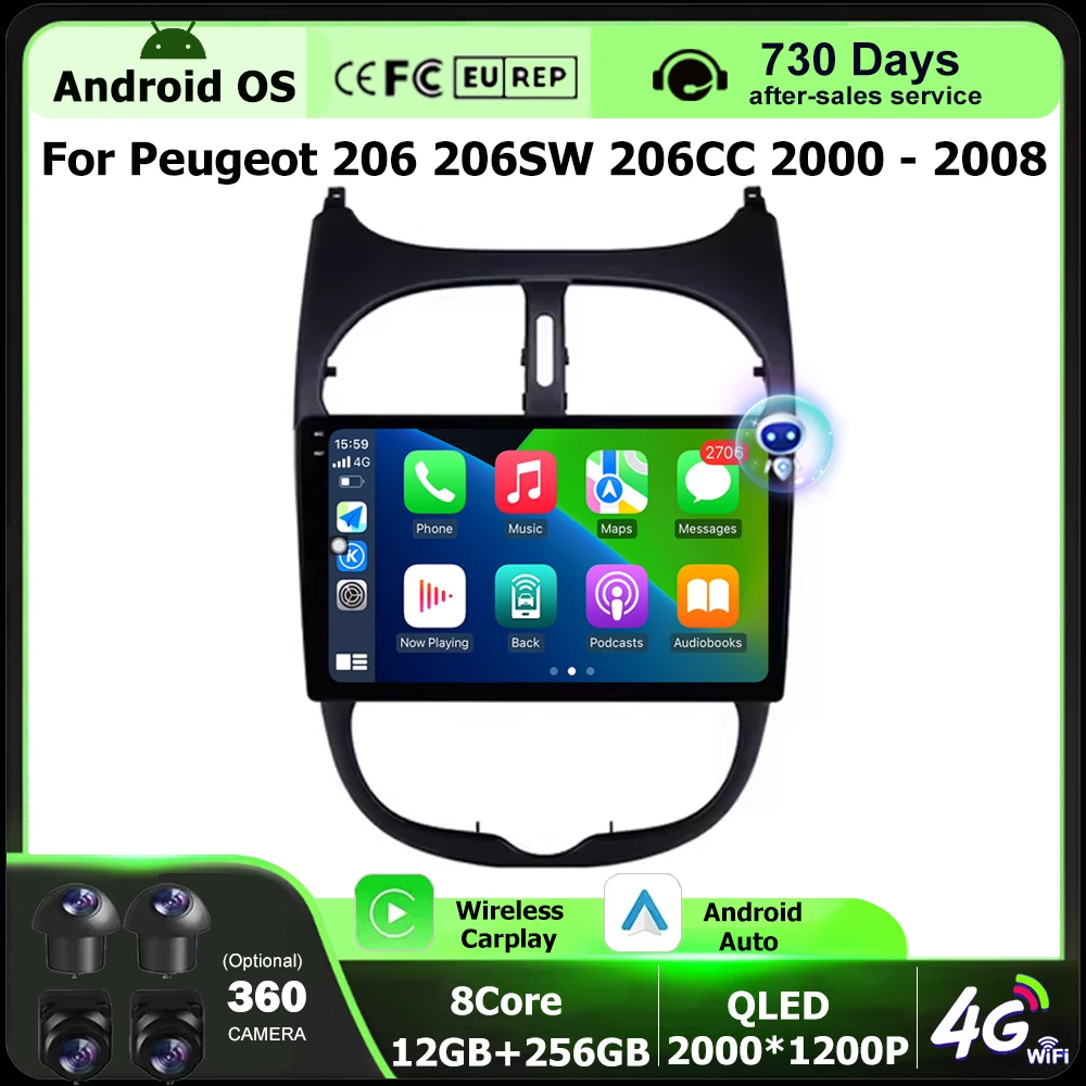 

Автомагнитола Android 16 с CarPlay для Peugeot 206, 206SW, 206CC (2000-2008) — мультимедийный видеоплеер, GPS-навигация, стереосистема, 4G, Wi-Fi