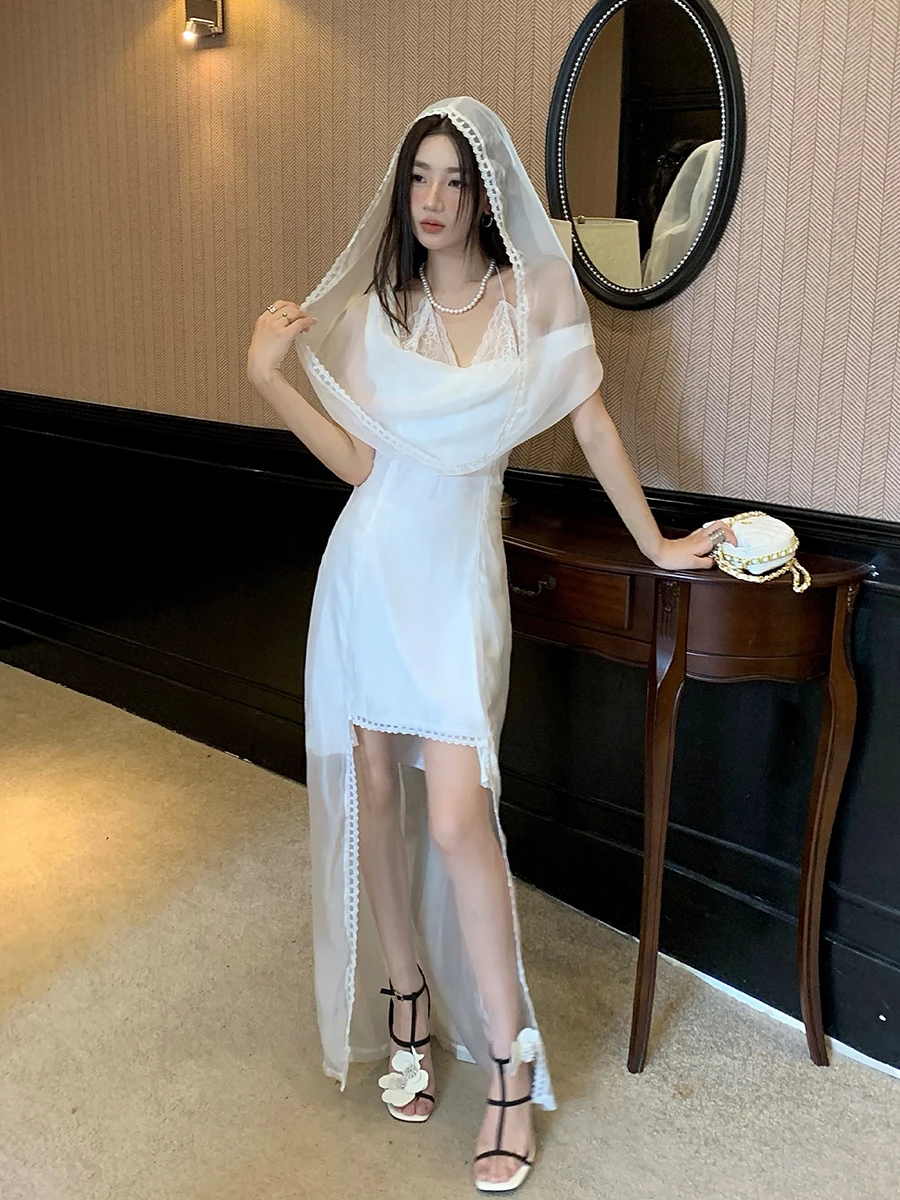 ReddaChic Sheer Mesh Patchwork Women High-low Dress Fake 2-piece White Lace Trim V-neck Hooded Dress Retro Evening Party Clothes