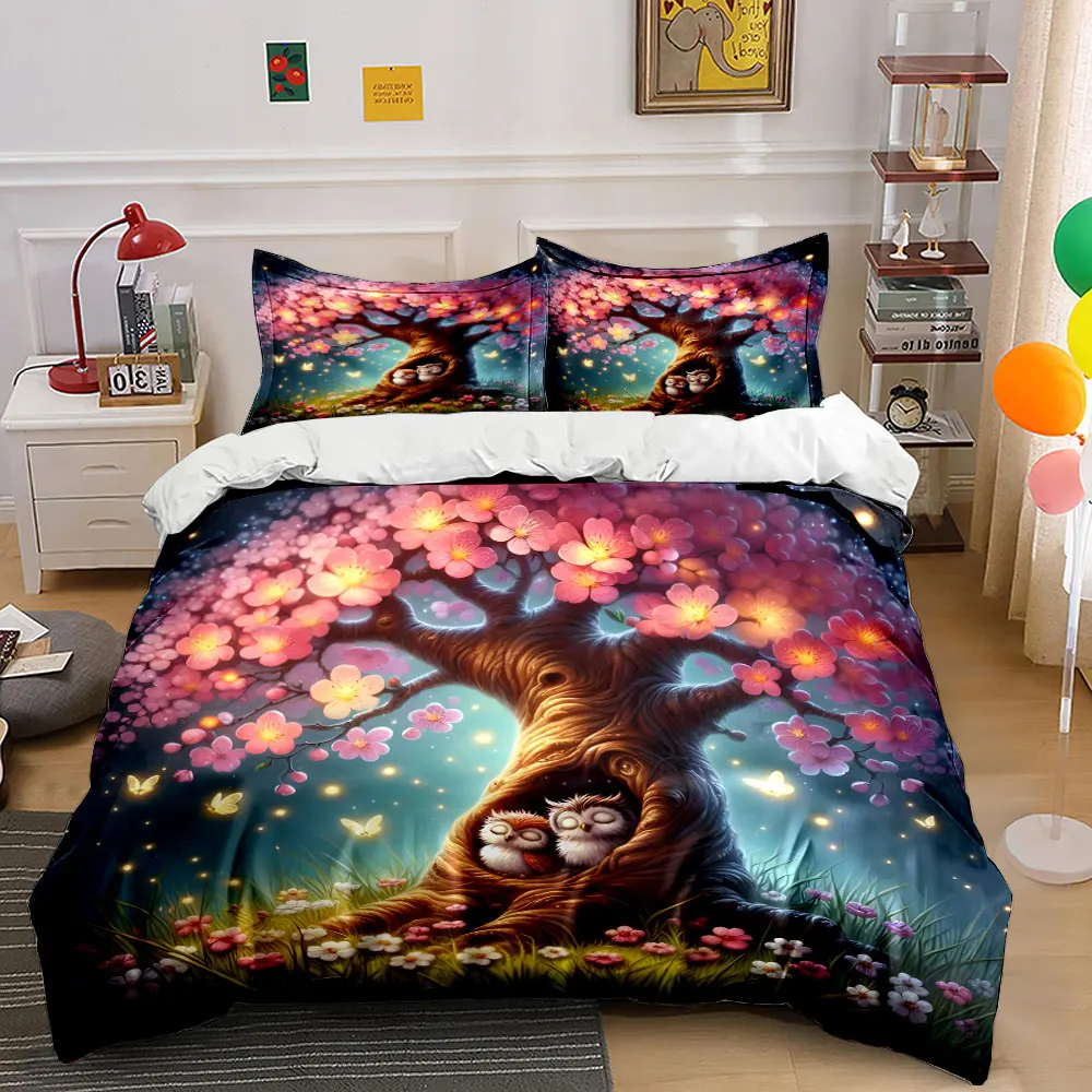 Dreamy Sakura Tree with Owls Print Bedding Set 1 Duvet Cover 2 Pillowcases for Adult and Children Luxury Gift Full Size