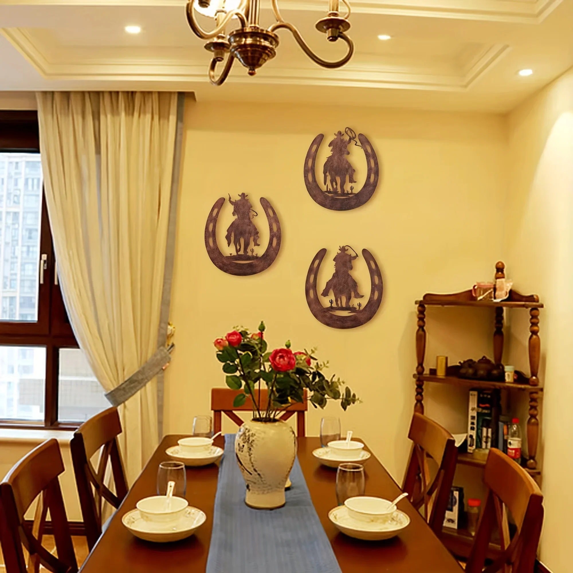 Herradura de Metal para decoración del hogar con vaquero, decoración de herradura de estilo rústico occidental colgante para dormitorio, sala de estar y baño
