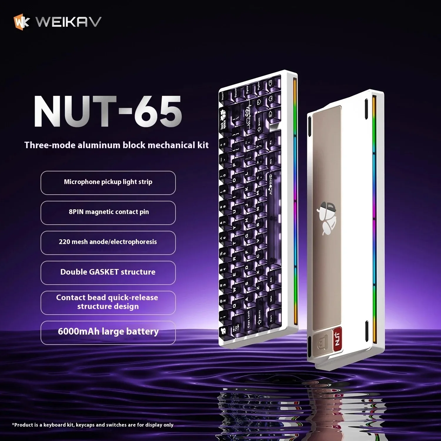 

Weikav Nut65 Aluminum Mechanical Gaming Keyboard Kit Gasket Structure Leaf Spring FR4 Plate Tri Mode 6000mAh