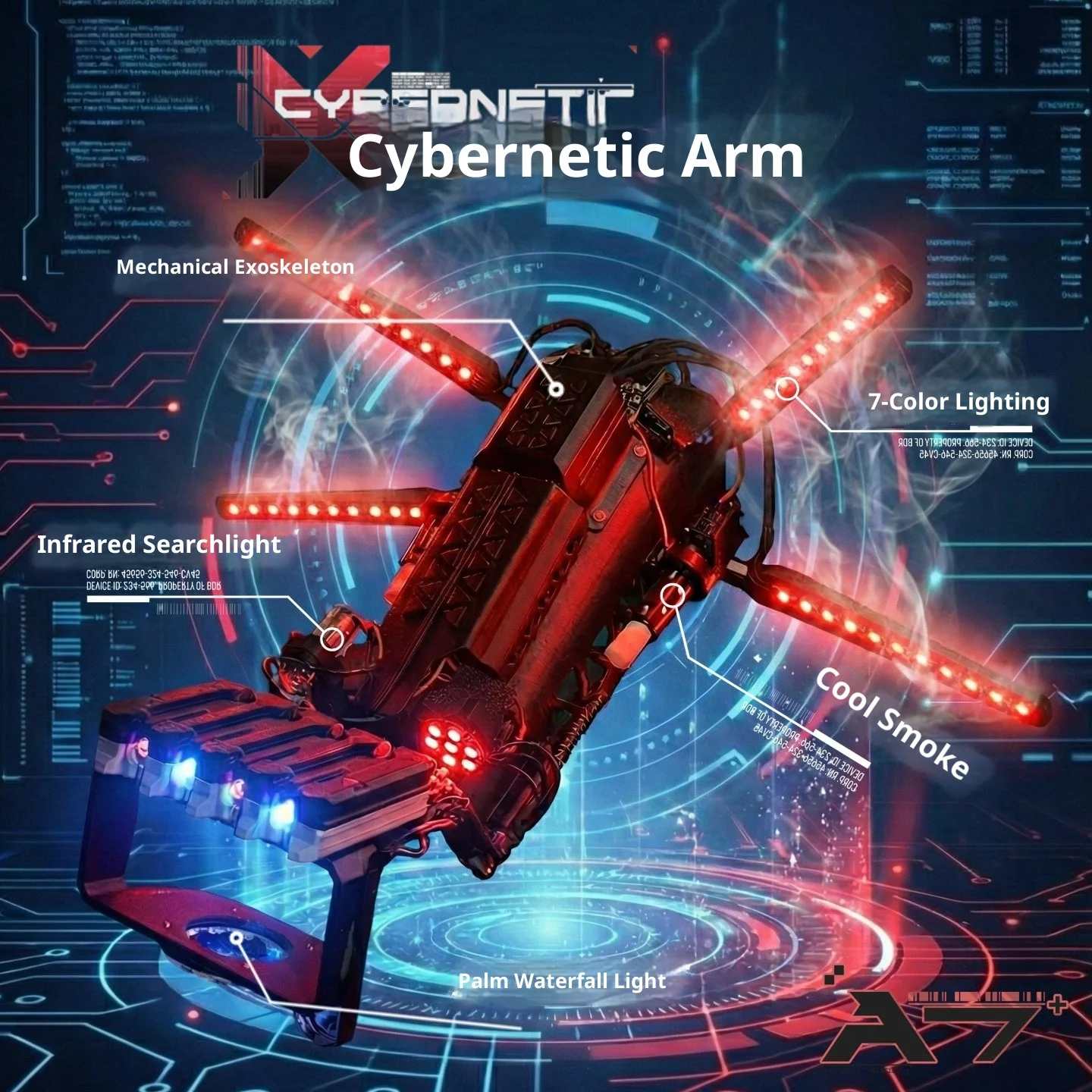 

Механическая рука X Cyberpunk с семицветной подсветкой, эффектом дыма, механический экзоскелет, черные технологии, подарок для взрослых, косплей.