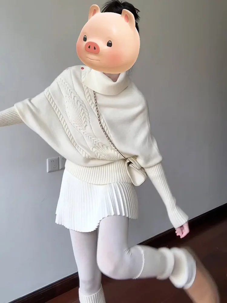 

Milk White Twisted Knit Sweater Women's Autumn Winter Asymmetric Collar Color Button Cloak Loose Beautiful Top Sweet Sle Ba...