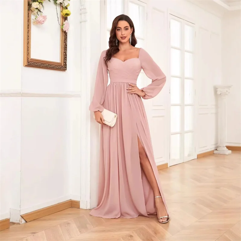 A Line Chiffon Slit Elegant Sweetheart Pleat Long Sleeve Bridesmaid Dresses Evening Wedding Party Formal Prom Cocktail Lace Up