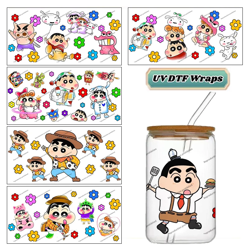 Cute Crayon Shin-chan UV DTF Cup Wrap Stickers Waterproof No Heat Transfer Vivid Print For 16oz Libbey Glass Can Anime Decal