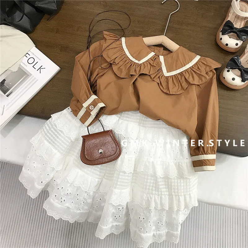 

Girls' Outfit Spring and Autumn New Stylish Children's Turn-down Collar Shirt Spring White Forest Style Half Skirt