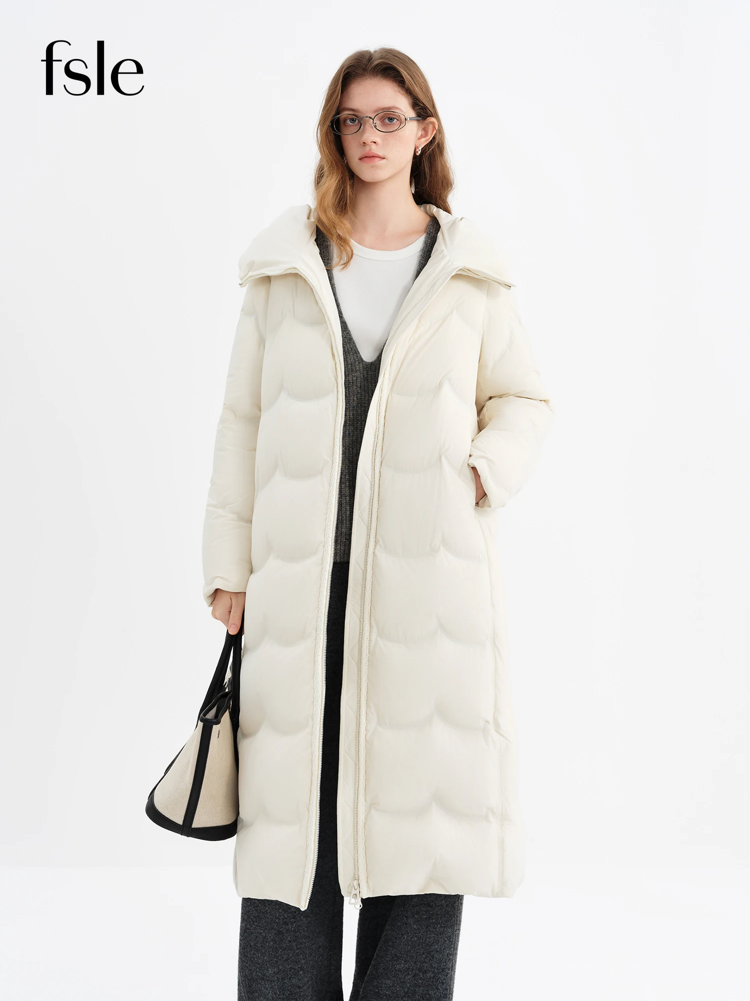 

FSLE стильная женская однотонная однотонная куртка с нежной кружевной отделкой, пуховик большого размера в стиле H, зима 2025, Новое поступление, белый утиный пух