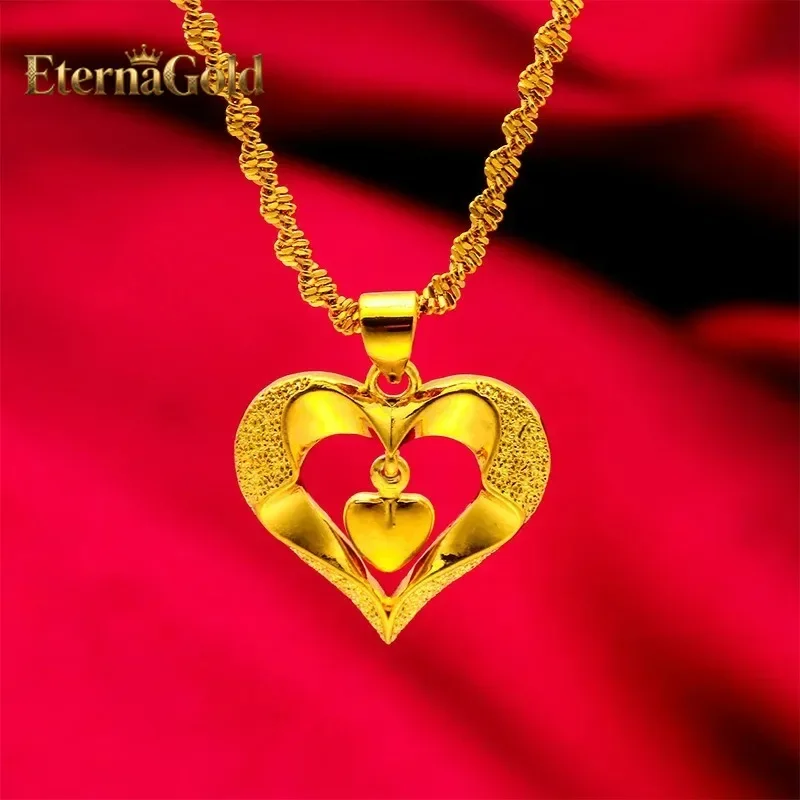 

EternaGold Heart Necklace for Women, 24K Gold, AU999 | Matte gold heart with vine carvings & enamel, classic charm for cheongsam