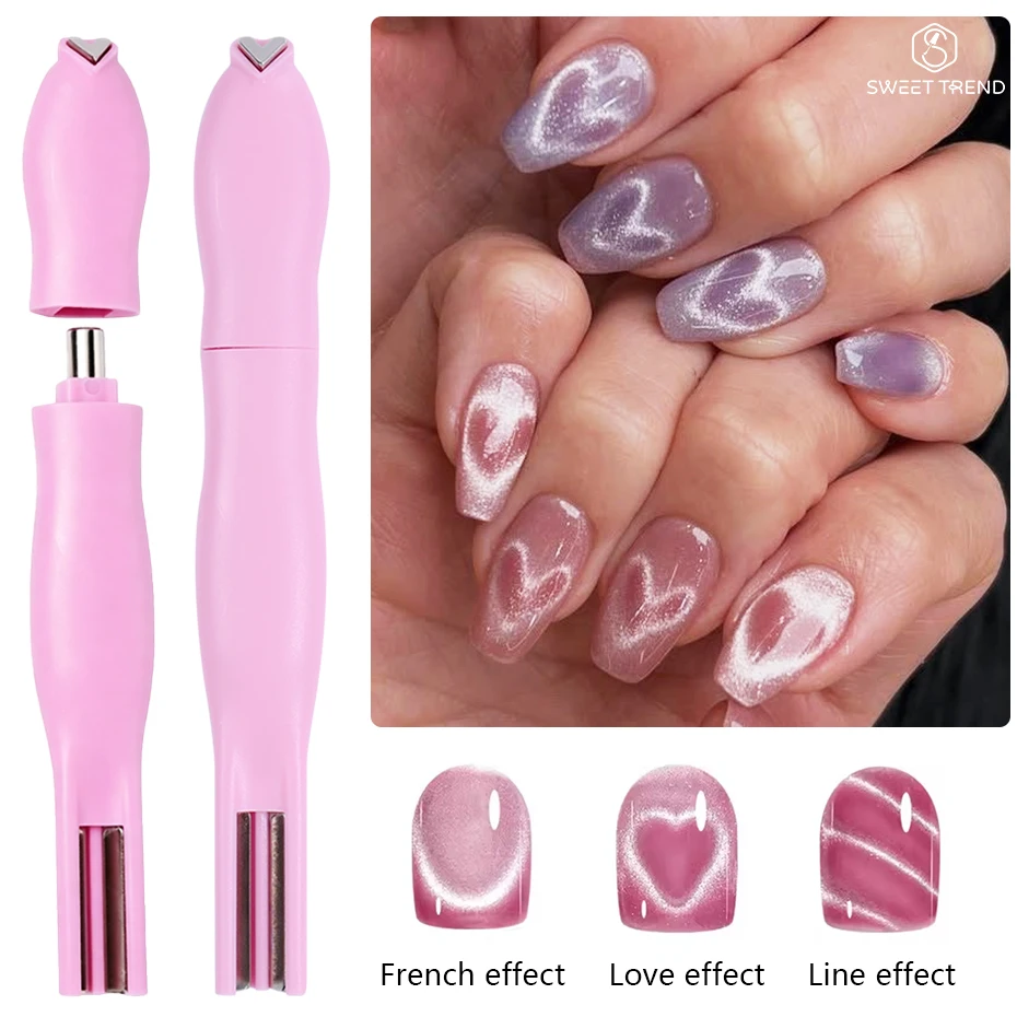 Stylo aimanté 3-en-1 pour nail art, formes cœur, œil de chat, double ligne, lune, serpent, French, pour vernis gel magnétique, outils de manucure DIY