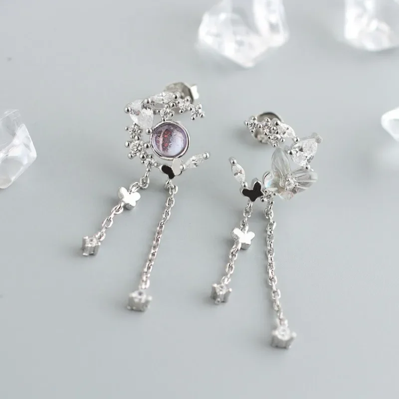 New Fashion Butterfly Zircon Moon Tassel Stud Earrings for Women Delicate Korean Asymmetric Cute Earrings Luxury Jewelry Gift
