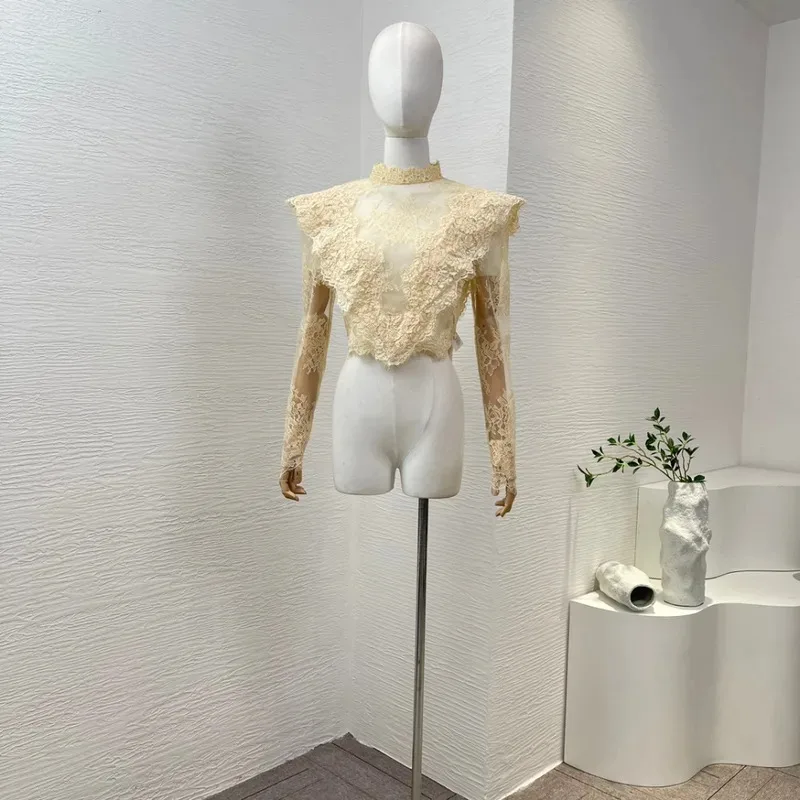 

2025 Beige Lace Patchwork Long Sleeve Blouse
