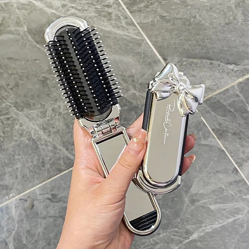 Silver Bow Foldable Hair Brush with Built in Mirror,180° Portable Mini Pocket Massage Comb,for Women Outdoor Makeup Carry