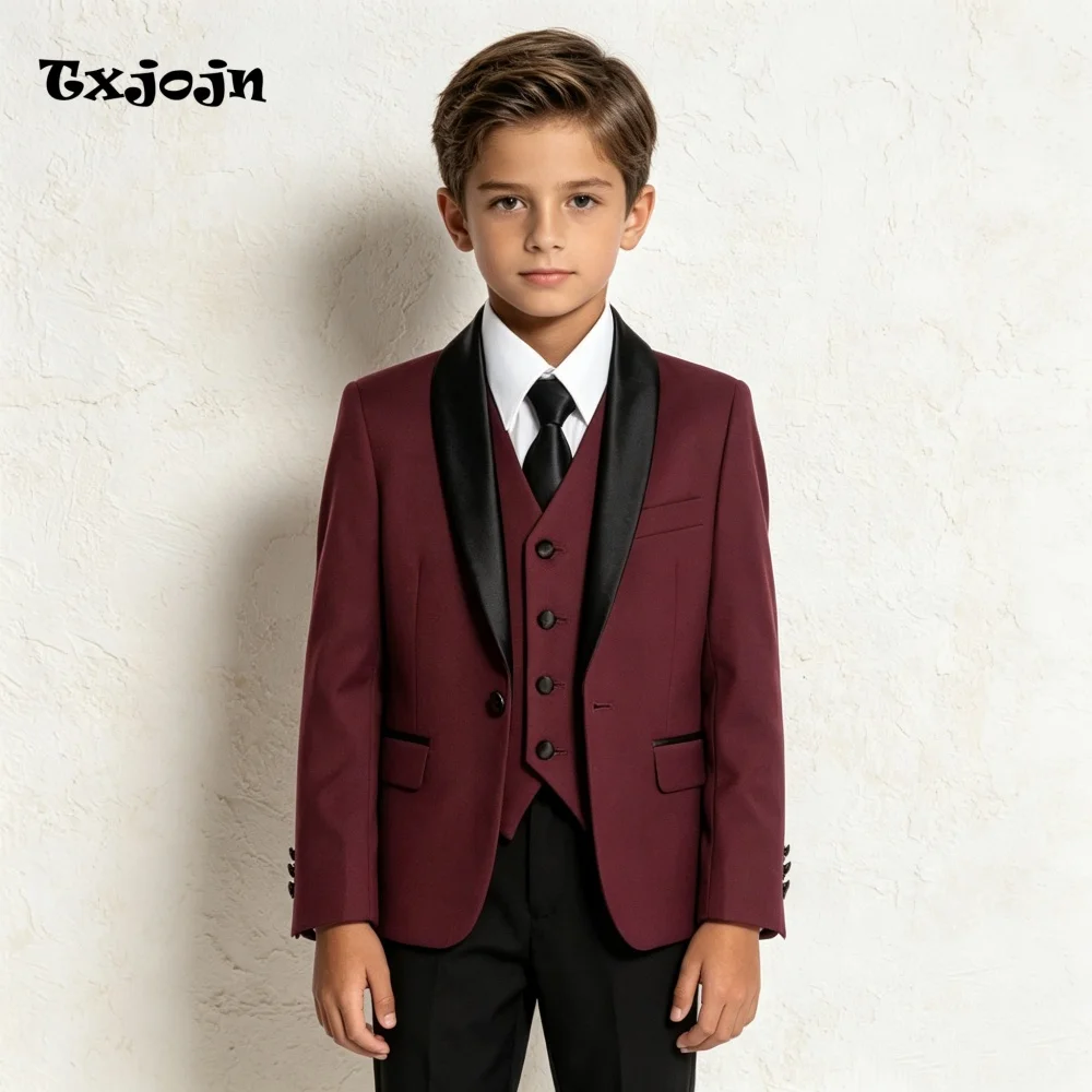 Casual Wine Boys Suit Jacket Pants Vest 3 Piece Set Formal Blazer for Kids Wedding Tuxedo Suits 2-16 Years Custom Clothes