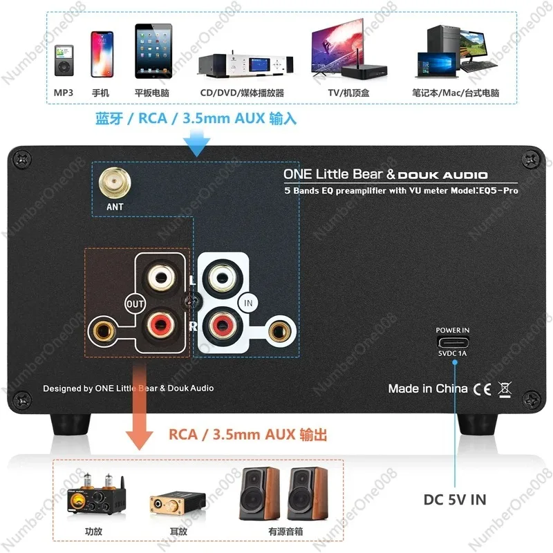 EQ5 PRO Bluetooth 5-Band Preamp EQ Equalizer 3.5mm AUX Analog Audio Processor with VU Meter for Speaker/Amplifier